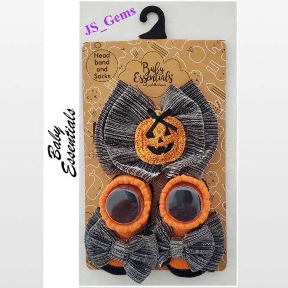 New Baby Halloween Headband & Sock Set Pumpkin Orange & Silver 0-6 Months